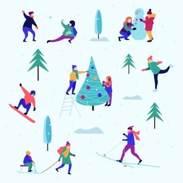 Winter pattern or background with people performing activities Stock Illustration