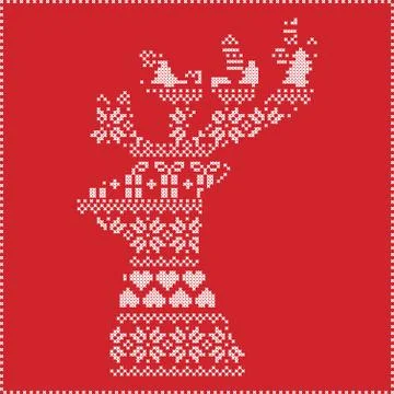 Winter pattern in reeindeer head shapeon red background Stock Illustration