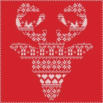 Winter pattern reindeer head frontal on red background Stock Illustration