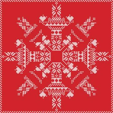 Winter pattern in snowflake shape on red background Stock Illustration