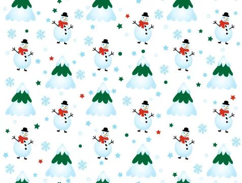 Winter pattern with snowflakes and snowmen. Winter Christmas trees Stock Illustration
