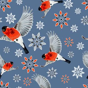 Winter pattern with snowflakes with bullfinches Stock Illustration