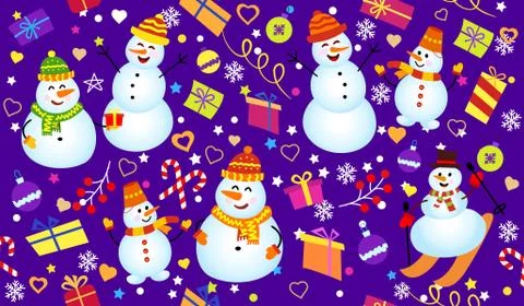 Winter pattern with snowmen, snowflakes and gifts. Family Snowman on dark blue Stock Illustration