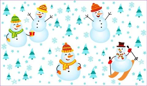 Winter pattern with snowmen, snowflakes and christmas trees. happy Snowman on Stock Illustration
