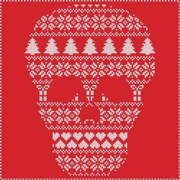 Winter pattern sugar skull on red background Stock Illustration