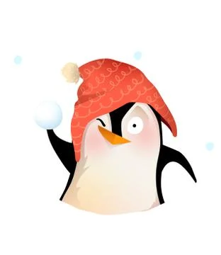 Winter Penguin in Hat Playing Throwing Snowballs Stock Illustration
