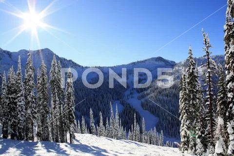 A winter photo looking down into a snow covered, forested valley with sun Stock Photos