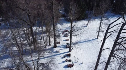 Winter picnic vertical drone shot 4K Stock Footage 149083648