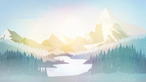 Winter Pine Forest with Mountain Lake- Vector Illustration Stock Illustration