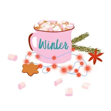 Winter pink mug with cocoa glowing garland marshmallows on a white background Stock Illustration