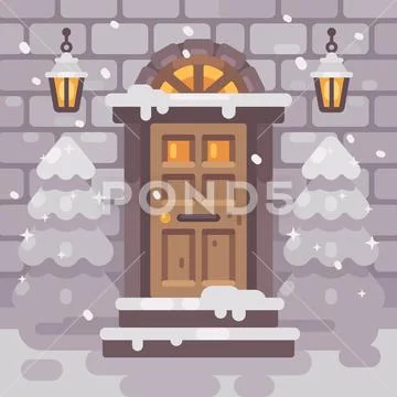 Winter porch with fir trees. Christmas home decor flat illustration Stock Illustration