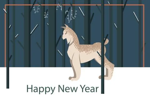 Winter postcard with lynx on the tree background Stock Illustration