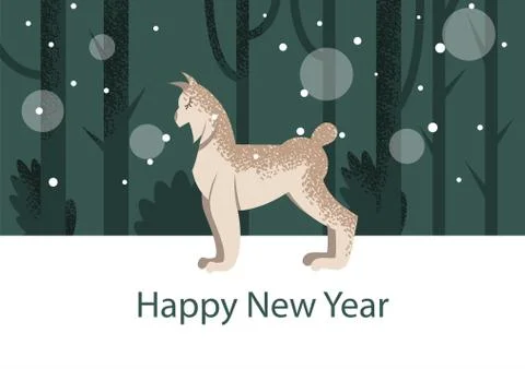 Winter postcard with lynx on the tree background Stock Illustration
