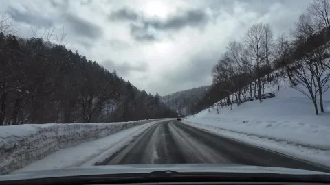 Winter POV Drive Passing White Truck and Avalanche Fence in Furano Japan Vídeos de archivo 333696910