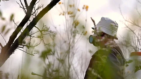 Winter protection of fruit trees by spraying Stock Footage 48867419