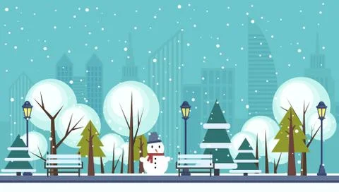 Winter public city park vector illustration. Ilustração Stock