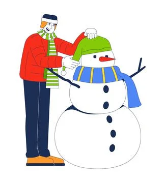 Winter puffer jacket man putting hat on snowman 2D cartoon character Stock Illustration
