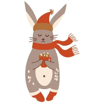Winter rabbit. Cute bunny in a hat with a scarf, socks and a hot drink. Perfe Stock Illustration