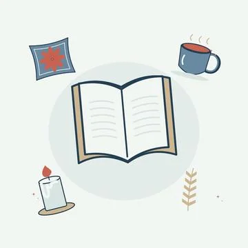 Winter reading with a knitted blanket mood. Decorative flat vector compositio Stock Illustration