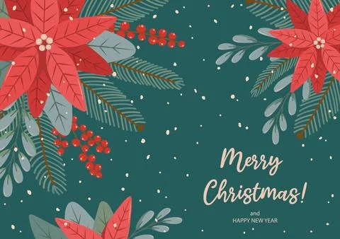 Winter rectangular festive banner on green background with text Merry Christmas Stock Illustration