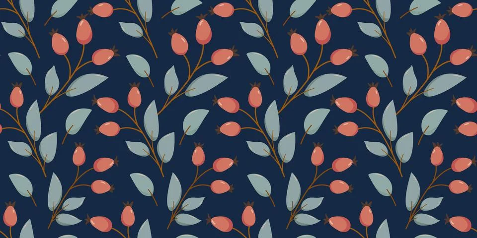 Winter rectangular seamless pattern on blue background with berries and leaves 스톡 일러스트