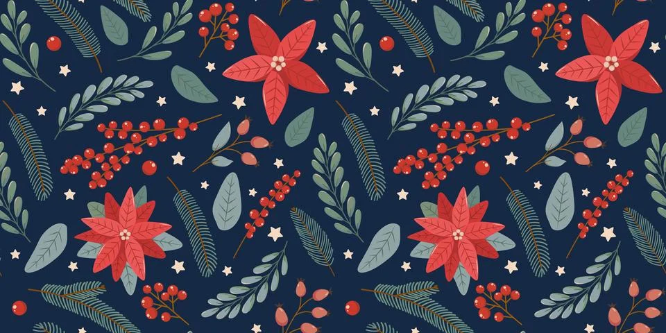 Winter rectangular seamless pattern on blue background with poinsettia Illustrazione stock