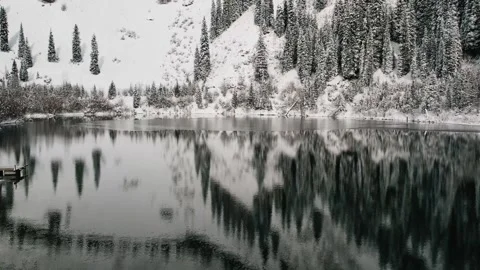 Winter reflections on a calm alpine lake Stock Footage 321669559