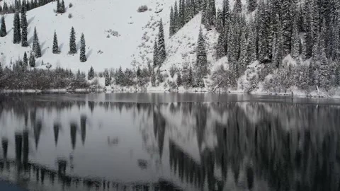 Winter reflections on a calm alpine lake Stock Footage 322024043