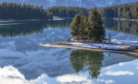 Winter Reflections in Two Jack Lake Stock Photos