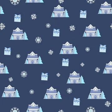 Winter repeating pattern, snowy beautiful house, snow, gifts, white snowflakes Stock Illustration
