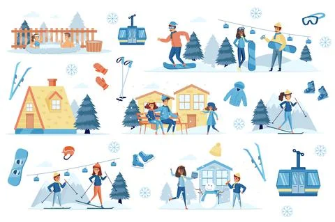 Winter resort bundle of flat scenes. 스톡 일러스트