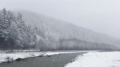 Winter river and forest in the mountains. snowy forest and mountain river Stock-Footage 275243500