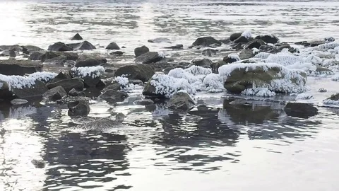 Winter river and snow. Cold water flows through the river ice. Siberia, Russia. Stock Footage 82457191