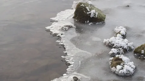 Winter river and snow. Cold water flows through the river ice. Siberia, Russia. Stock Footage 82457197
