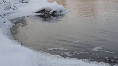 Winter river and snow. Cold water flows through the river ice. Siberia, Russia. Stock Footage 82643452