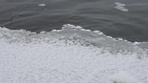 Winter river and snow. Cold water flows through the river ice. Siberia, Russia. Stock Footage 82643480