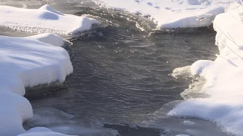 Winter river and snow. Cold water flows in the river ice. Full HD. Stock Footage 82739563