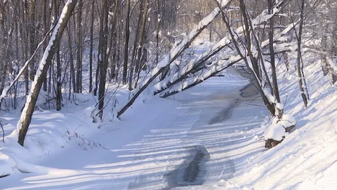 Winter river and snow. Cold water flows in the river ice. Full HD. Stock Footage 82739686