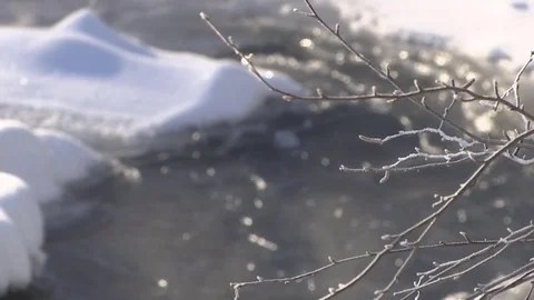 Winter river and snow. Cold water flows in the river ice. Stock Footage 82739849