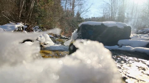 Winter river, bonfire and forest in mountains on warm sunny day Stock Footage 301366123