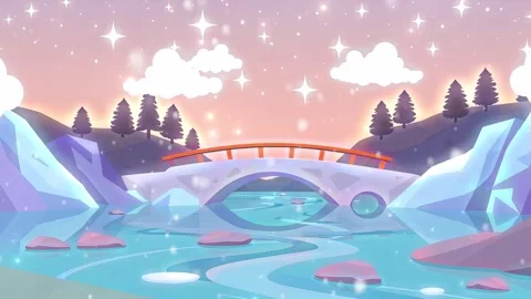 Winter River Cartoon: Animated Sunset and Falling Snow at the Valley Stock Footage 317966907