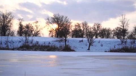 Winter river covered with ice and snow Stock Footage 146779363