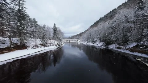 Winter River Flow in Mountain Valley Stock Footage 321624215