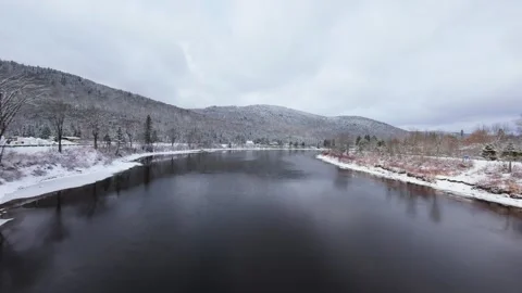 Winter River Flow in Mountain Valley Stock Footage 321624227