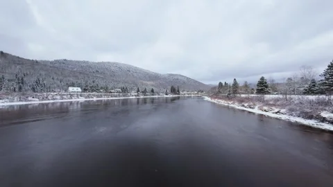 Winter River Flow in Mountain Valley Stock Footage 321624232