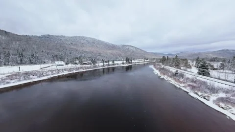 Winter River Flow in Mountain Valley Stock Footage 321624314