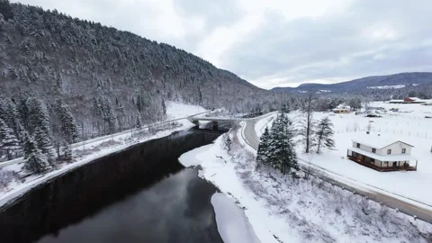 Winter River Flow in Mountain Valley Stock Footage 321624385