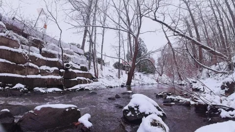 Winter River Flow in Snowy Forest – Cinematic Nature Scene Stock Footage 321984002