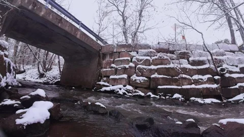 Winter River Flow in Snowy Forest – Cinematic Nature Scene Stock Footage 321984163