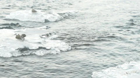 Winter river flows through melting ice Stock Footage 124495430